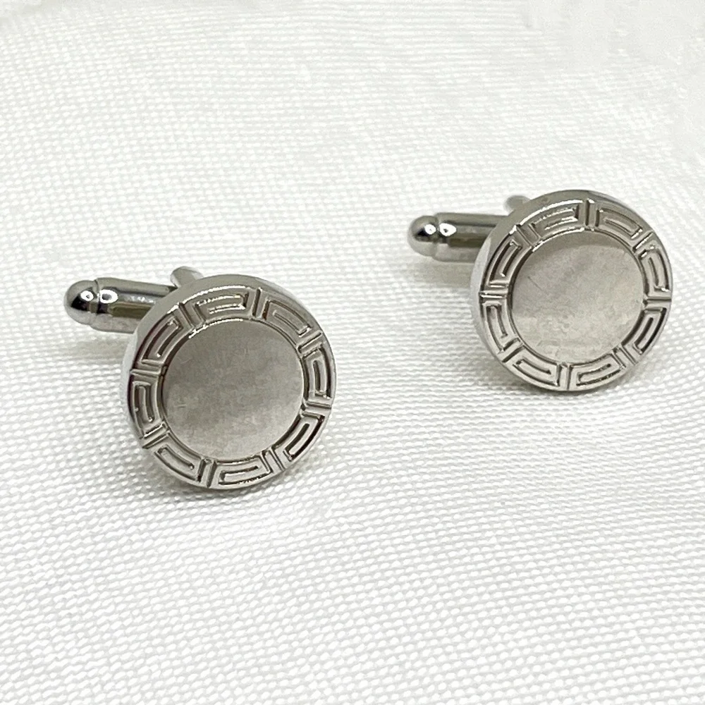 Vintage Greek Key Circle Cuff Links 1990s Shiny Silver Tone Circular Cufflinks